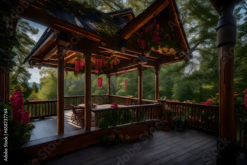 sensory-rich description of the gabled porch and landing, highlighting the soothing sounds of the wind chimes and the scent of blooming flowers nearby.
