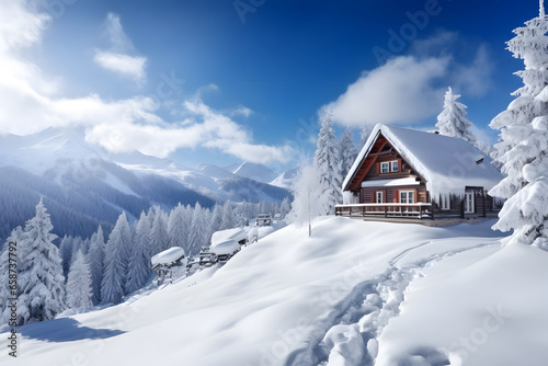 Snow covered mountain hut old farmhouse