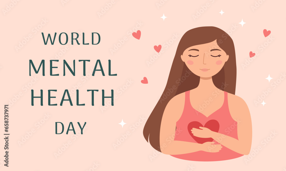 World Mental Health Day banner template. Young woman with closed eyes hugs herself. Vector illustration World Mental Health Day banner template. Young woman with closed eyes hugs herself. Vector illustration