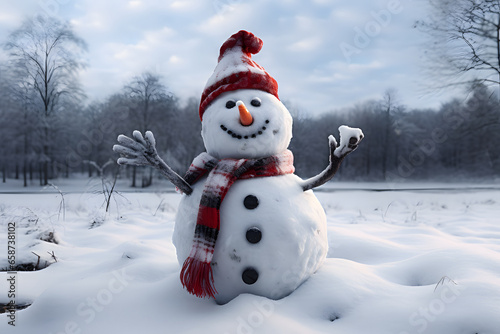 Merry christmas and happy new year greeting card with copy-space.Happy snowman standing in christmas landscape.Snow background.Winter fairytale. © Werckmeister