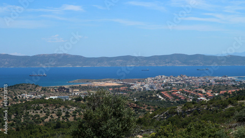 View of the city of Lavrion and the island of Makronisos in East Attica near Athens. Lavrion was a mining center during antiquity while in Makronisos political prisoners mainly communists where exiled