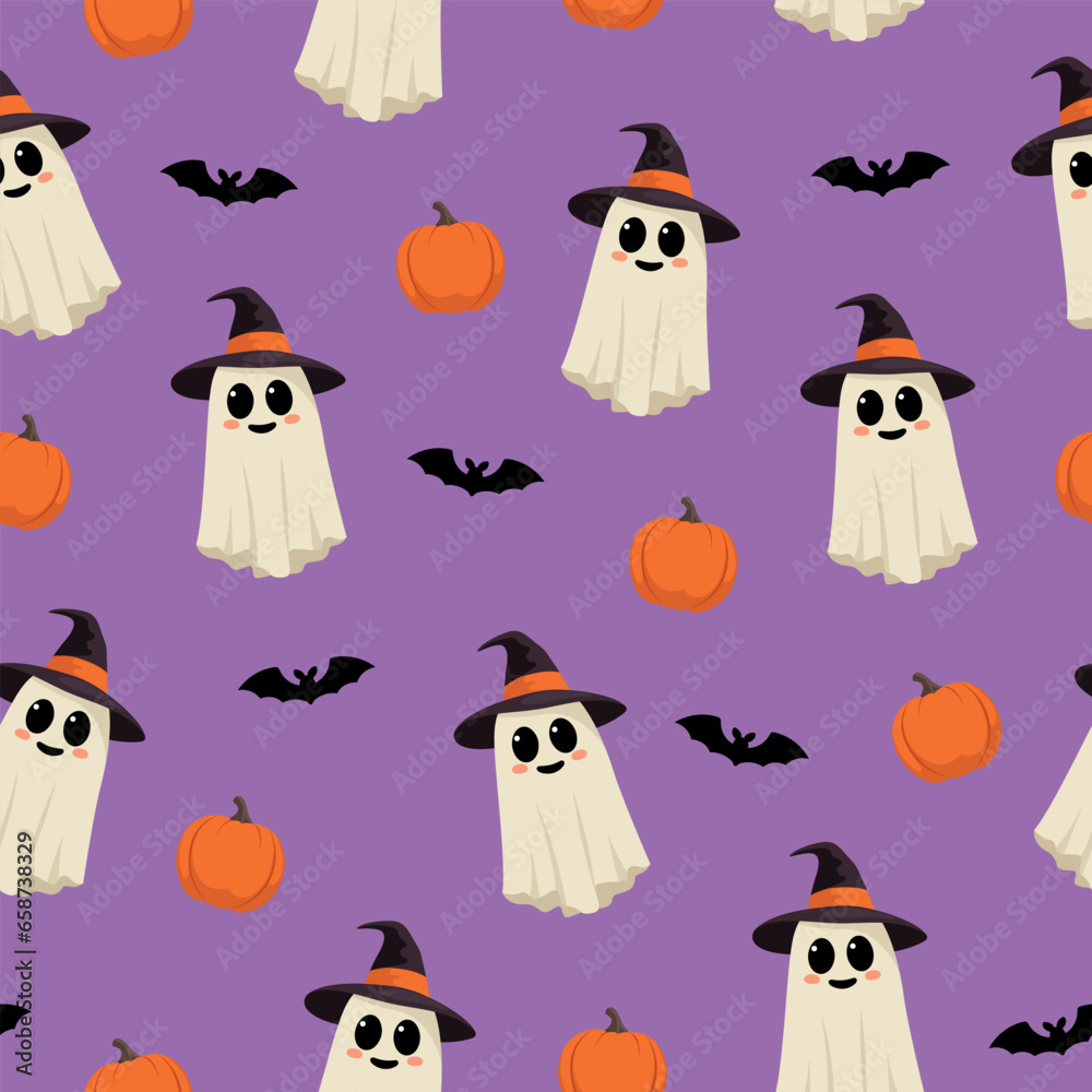 Seamless pattern with cute smiling ghosts, pumpkins and bats. Cartoon characters on purple background for Halloween design. Vector illustration