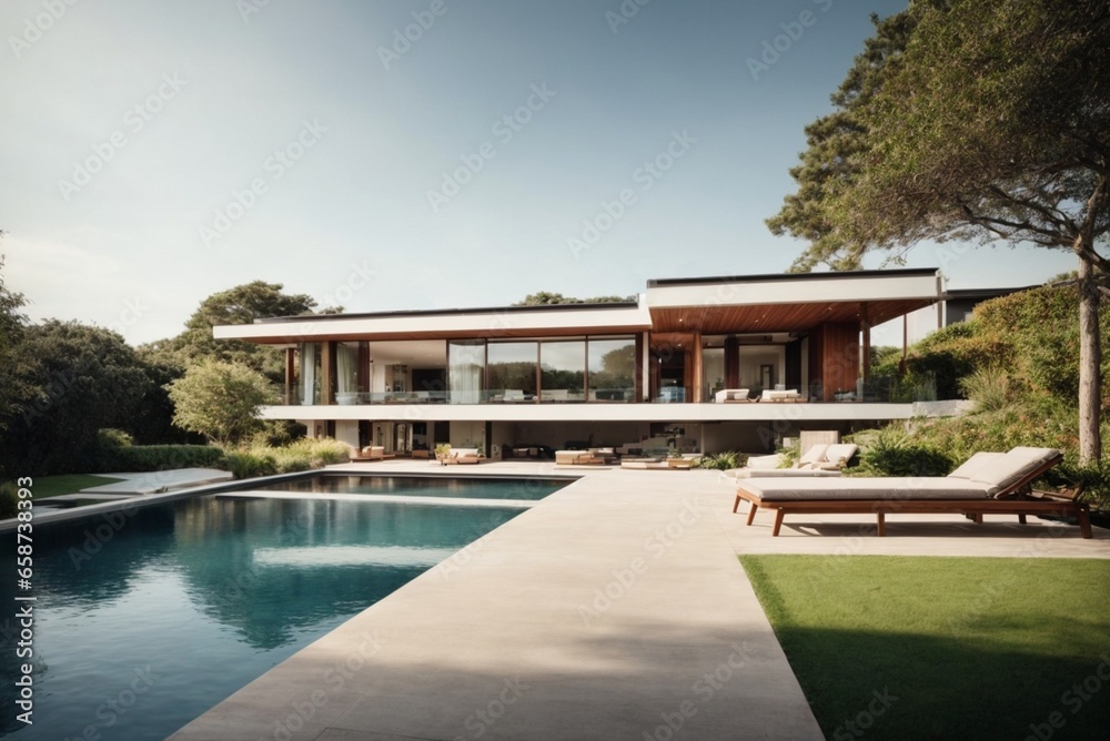 Fototapeta premium Modern cozy house with pool and parking for sale or rent in luxurious style and beautiful landscaping on background.