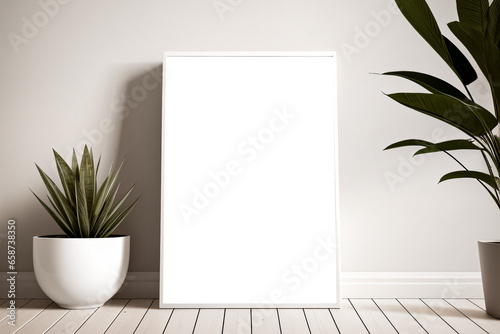 Vertical frame mockup in minimalist white interior