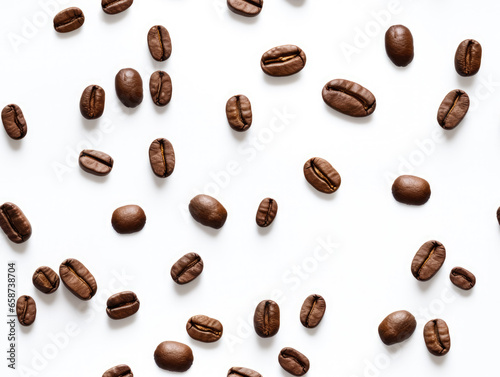 Coffee beans scattered on white background, closeup detail. Seamless tileable background pattern. Generative AI