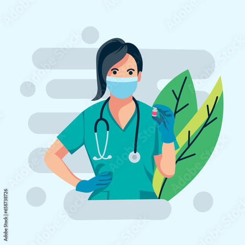 flat design character, doctor showing medicine in hand,