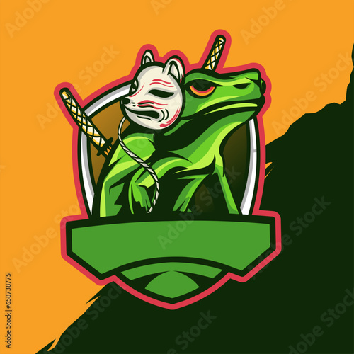vector illustration, kitsune frog mask on head, esport gaming logo,