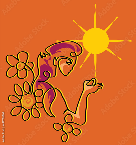 One line drawing of relaxed redhead woman in meditation pose.
One continuous line drawing of woman meditating in nature.