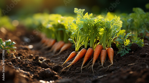 A close up of a carrot field with rows of leafy green UHD wallpaper Stock Photographic Image