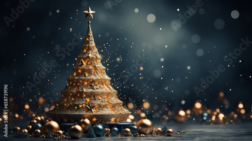 Christmas tree with an original shape in gold and minimal colour. In the background lots of little lights and blurry golden yellow balls. Christmas scene, warm and cozy atmosphere.