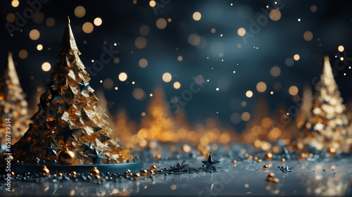 Christmas tree with an original shape in gold and minimal colour. In the background lots of little lights and blurry golden yellow balls. Christmas scene, warm and cozy atmosphere.