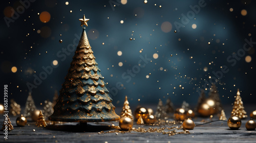 Christmas tree with an original shape in gold and minimal colour. In the background lots of little lights and blurry golden yellow balls. Christmas scene, warm and cozy atmosphere.