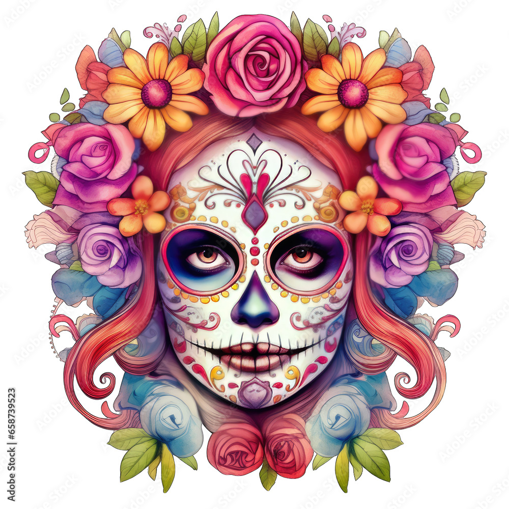 Sugar Skull for Day of the Dead or El Dia de los Muertos. Isolated, transparent background