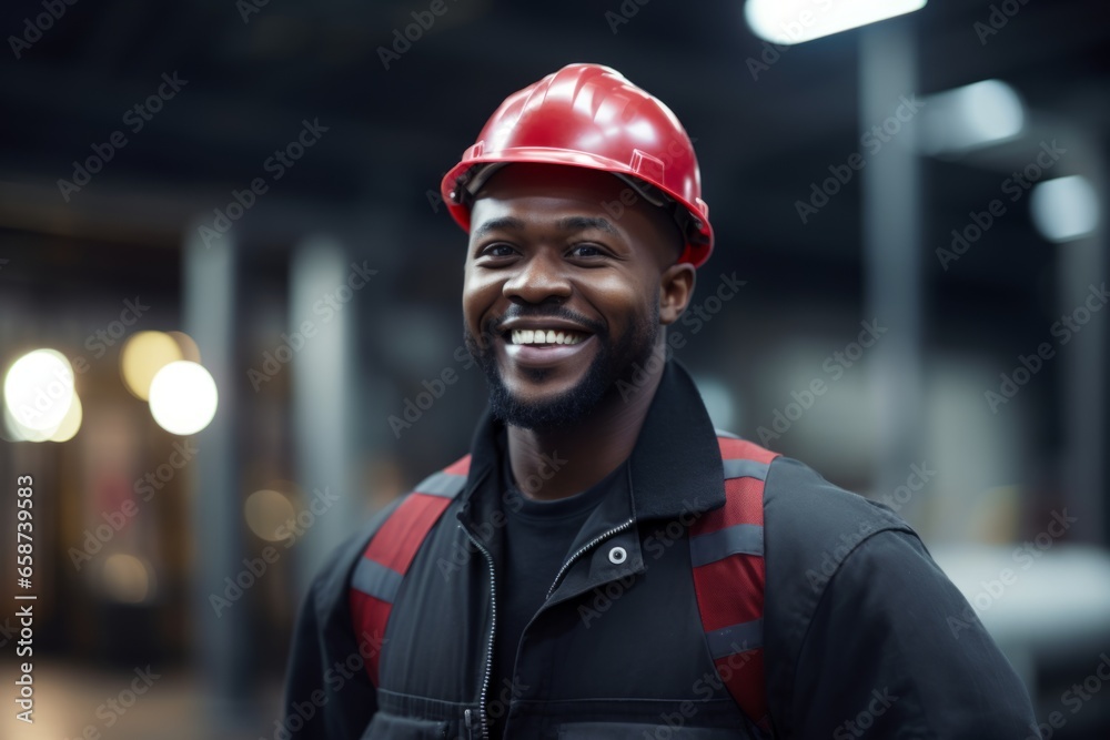 Portrait joyful African American worker smiling man male guy professional heavy industry engineer uniform helmet industrial specialist standing metal construction manufacture engineer factory operator Portrait joyful African American worker smiling man male guy professional heavy industry engineer uniform helmet industrial specialist standing metal construction manufacture engineer factory operator