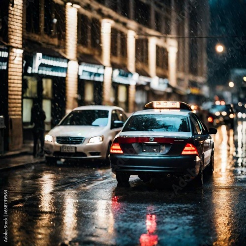 Cars on a wet street at night