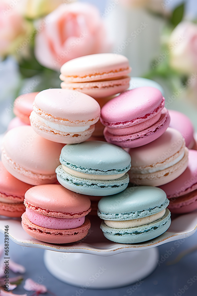 Colorful macaron cookies plate on a wooden table. Macaroons biscuits Festive table bokeh background. Delicious french desserts Colorful macaron cookies plate on a wooden table. Macaroons biscuits Festive table bokeh background. Delicious french desserts