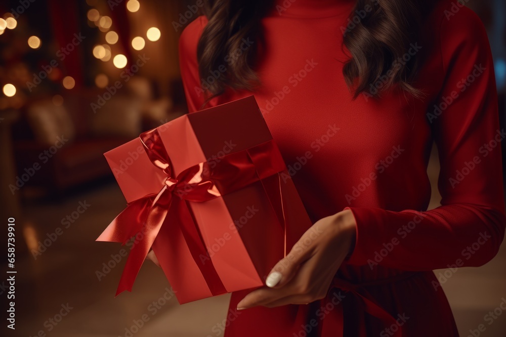Portrait unrecognizable young African American female woman lady holding giving gift box present red bow blurred Black Friday celebration congratulations greeting sale festive surprise packaging decor