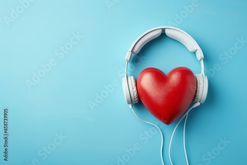 Photo of a red heart-shape wearing headphones on a vibrant blue background - Love for music concept - created with Generative AI technology