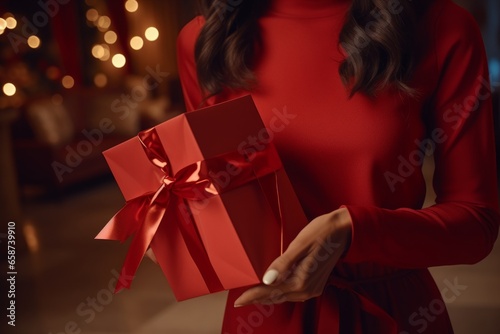Portrait unrecognizable young African American female woman lady holding giving gift box present red bow blurred Black Friday celebration congratulations greeting sale festive surprise packaging decor