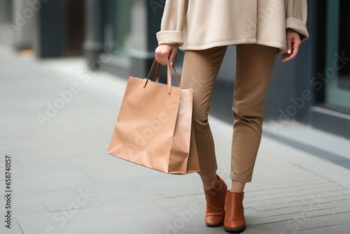 Close up elegant fashionable Caucasian young unrecognizable businesswoman lady female walking downtown shopping bag. Enjoy wealth customer discount sales offer production Black Friday purchase client