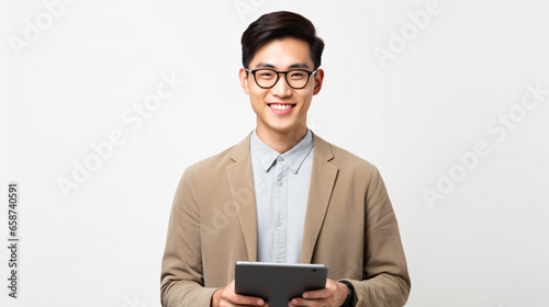 Image of young asian man, company worker in glasses, smiling and holding digital tablet, standing over white background