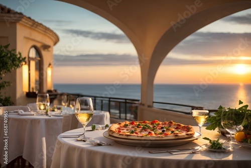 Indulging in Italian Pizza and White Wine with a Sunset Sea View at a Luxury Restaurant meal  salad  plate  dish  fresh  breakfast