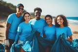 A group of dedicated volunteers, including children, work together to clean up a polluted beach, collecting trash and plastic waste to protect the fragile coastal environment