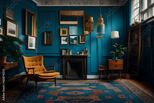 Craft a short story about an artist who draws inspiration from the mid-century living room's decor, particularly the blue armchair, while working on their latest masterpiece. © Johnny Sins