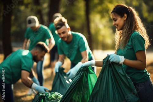 A diverse group of volunteers, young and old, joins forces in a cheerful act of altruism, cleaning up the park, collecting garbage, and caring for the environment in a selfless community effort.