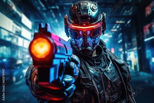  In a futuristic world, a cybernetic soldier, equipped with high-tech helmet and weapon, stands ready for action under the blue neon glow, blending science fiction and warfare