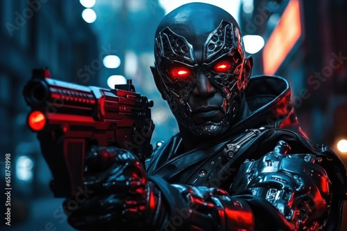  In a futuristic world, a cybernetic soldier, equipped with high-tech helmet and weapon, stands ready for action under the blue neon glow, blending science fiction and warfare photo