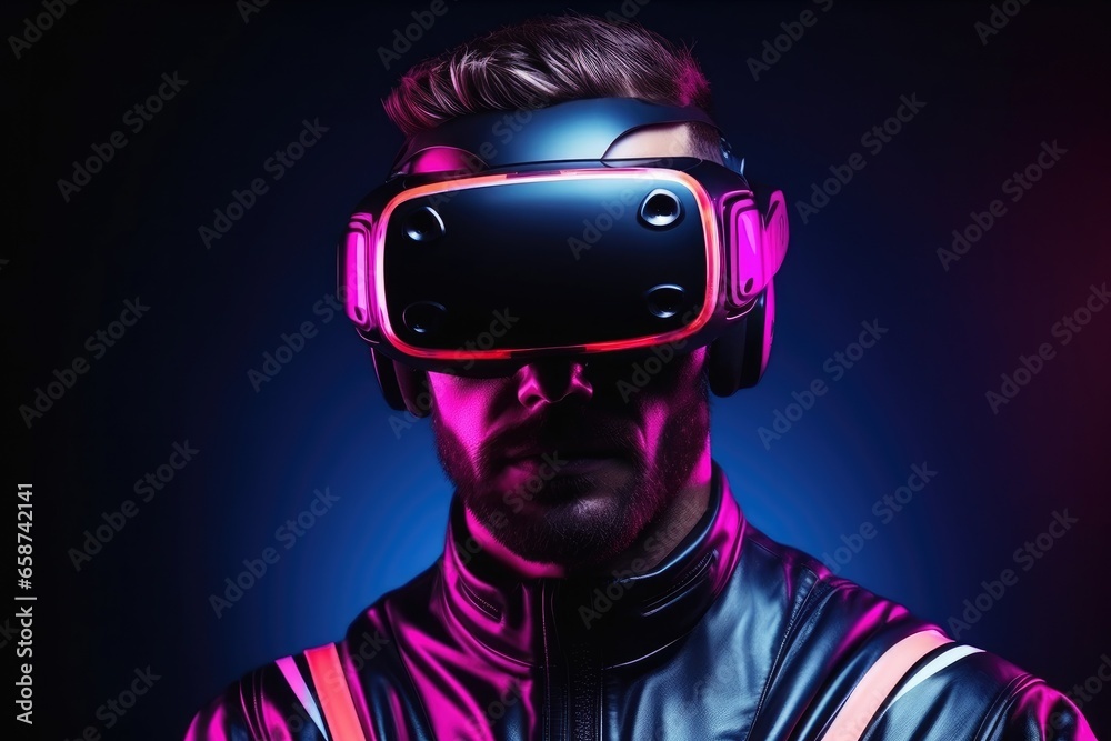 Immersed in the future, a young man wearing futuristic virtual reality glasses explores a vibrant digital world, merging innovation and style in a neon-lit cyber journey Immersed in the future, a young man wearing futuristic virtual reality glasses explores a vibrant digital world, merging innovation and style in a neon-lit cyber journey