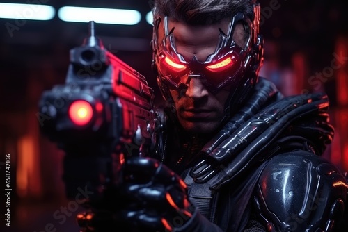  In a futuristic world, a cybernetic soldier, equipped with high-tech helmet and weapon, stands ready for action under the blue neon glow, blending science fiction and warfare