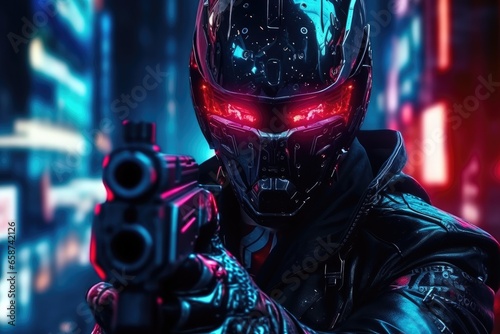  In a futuristic world, a cybernetic soldier, equipped with high-tech helmet and weapon, stands ready for action under the blue neon glow, blending science fiction and warfare