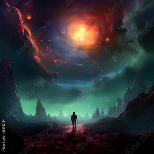 Art image of a distant alien planet with a dark, mysterious atmosphere. Sci-Fi