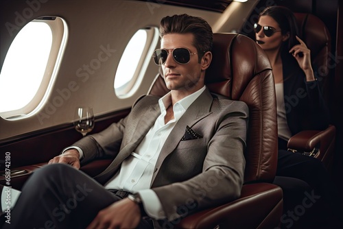 A successful and stylish Caucasian businessman exuding confidence and wealth on a luxurious private jet.