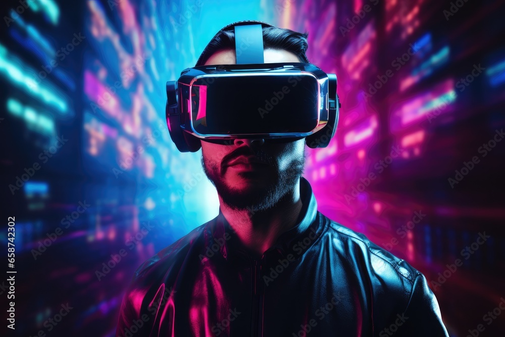 Immersed in the future, a young man wearing futuristic virtual reality glasses explores a vibrant digital world, merging innovation and style in a neon-lit cyber journey Immersed in the future, a young man wearing futuristic virtual reality glasses explores a vibrant digital world, merging innovation and style in a neon-lit cyber journey