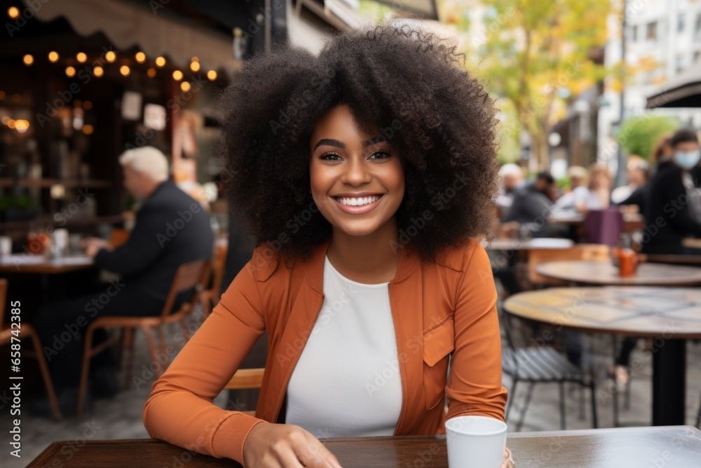 © Yuliia - Portrait cheerful joyful young African American woman lady female laughing wide smiling healthy white teeth sitting cafe. Restaurant outside drinking coffee date business meeting shop enjoying relax