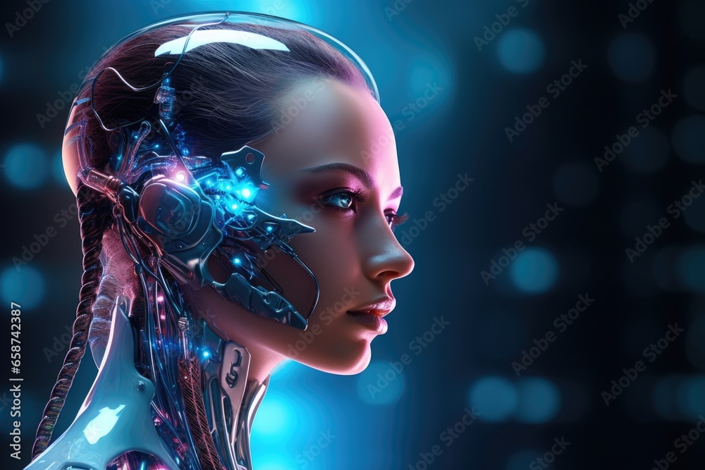 In a futuristic world, a beautiful female cyborg model with metallic features and glowing red and blue accents showcases the perfect blend of technology and glamour In a futuristic world, a beautiful female cyborg model with metallic features and glowing red and blue accents showcases the perfect blend of technology and glamour