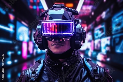 Immersed in the future, a young man wearing futuristic virtual reality glasses explores a vibrant digital world, merging innovation and style in a neon-lit cyber journey