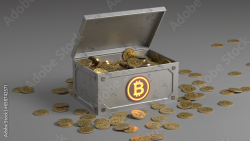 Golden Bitcoins in and around a treasure casket (3d rendering on light grey background) photo