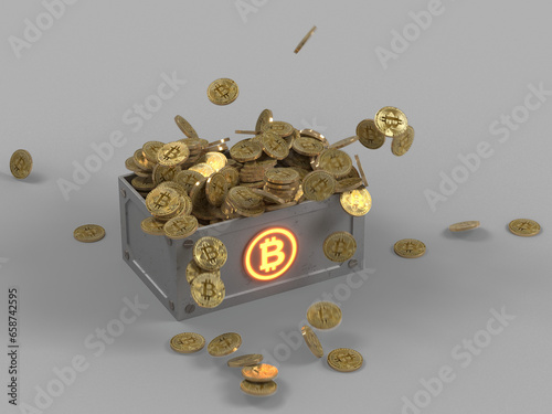 Bitcoins falling in a futuristic treasure casket and pouring around (3d rendering isolated from background with alpha channel) photo