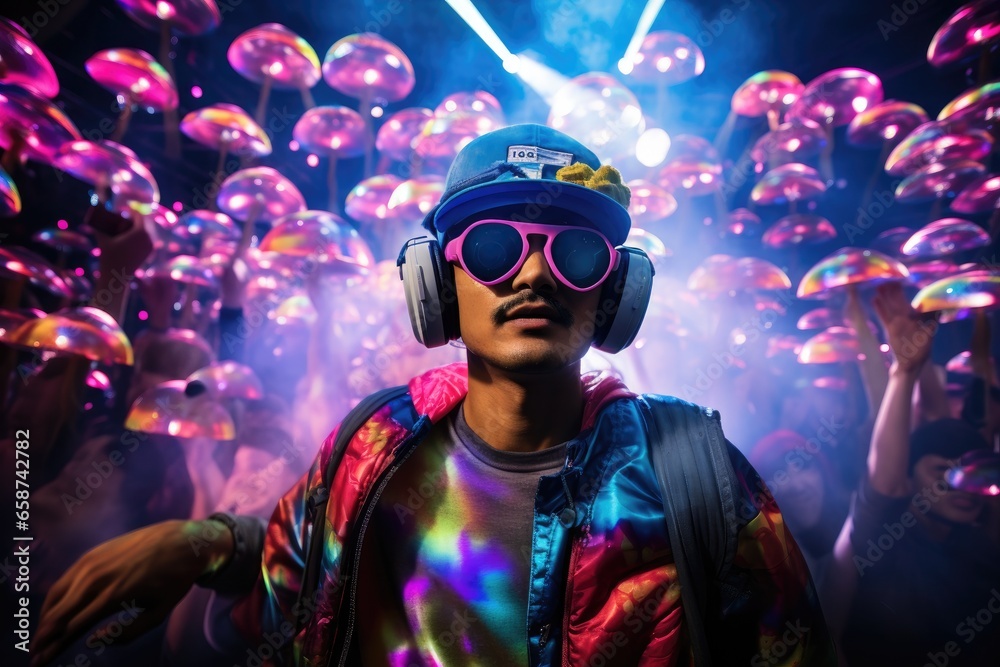 This stylish young man exudes modernity and coolness at a neon-lit disco party. With his fashionable sunglasses and retro hat, he's the epitome of nightlife's energy and style This stylish young man exudes modernity and coolness at a neon-lit disco party. With his fashionable sunglasses and retro hat, he's the epitome of nightlife's energy and style