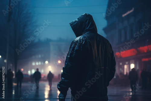 In the eerie darkness of the city at night, an anonymous figure roams the rainy streets, shrouded in mystery and danger, creating a sense of unease and intrigue. photo