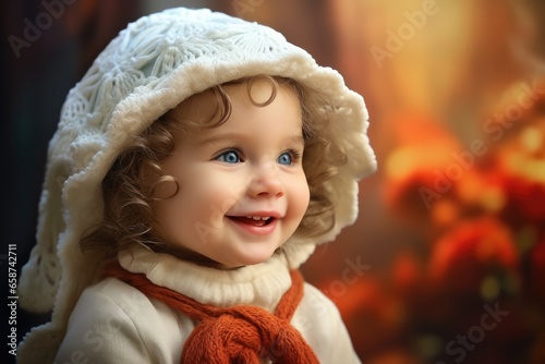 This adorable little girl with bright eyes and a sweet smile enjoys the beauty of a spring day, surrounded by colorful flowers in a garden filled with innocence and happiness