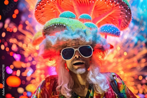 This stylish young man exudes modernity and coolness at a neon-lit disco party. With his fashionable sunglasses and retro hat, he's the epitome of nightlife's energy and style