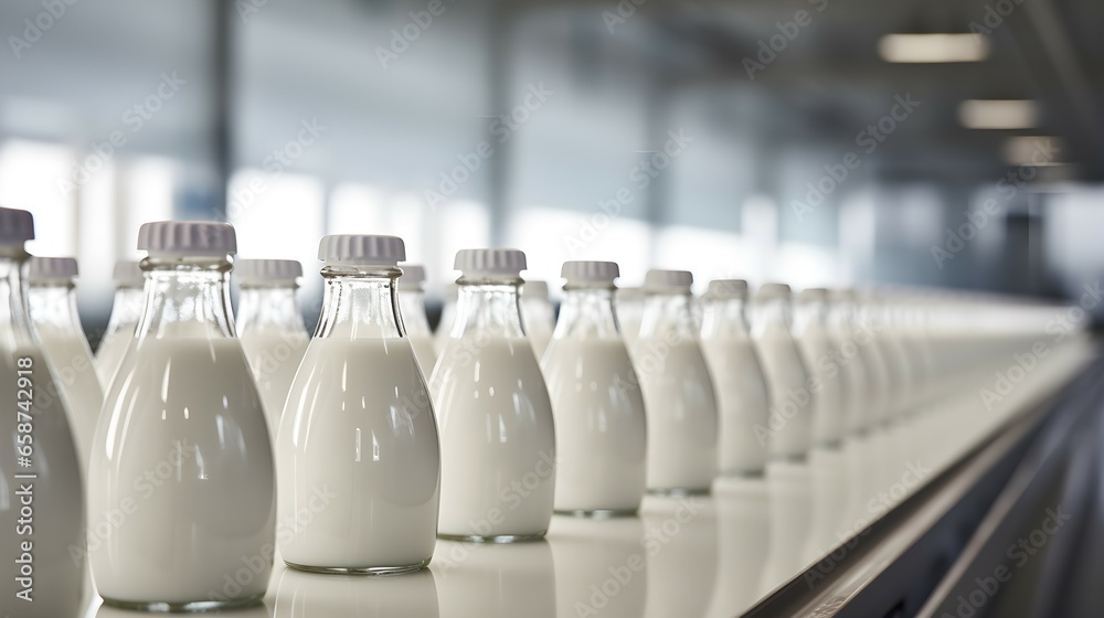 Milk Bottles in Formation: Dairy Factory Conveyor Belt. Generative ai