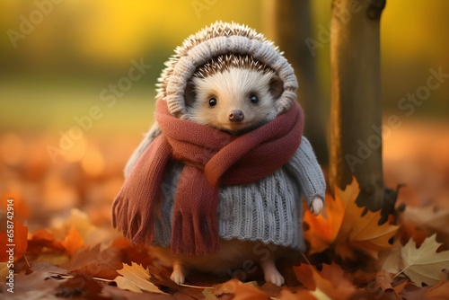 Cute little hedgehog in scarf on autumn leaves background, closeup. Generative ai © Andrii