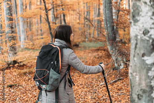 A brunette girl walking through the autumn forest
