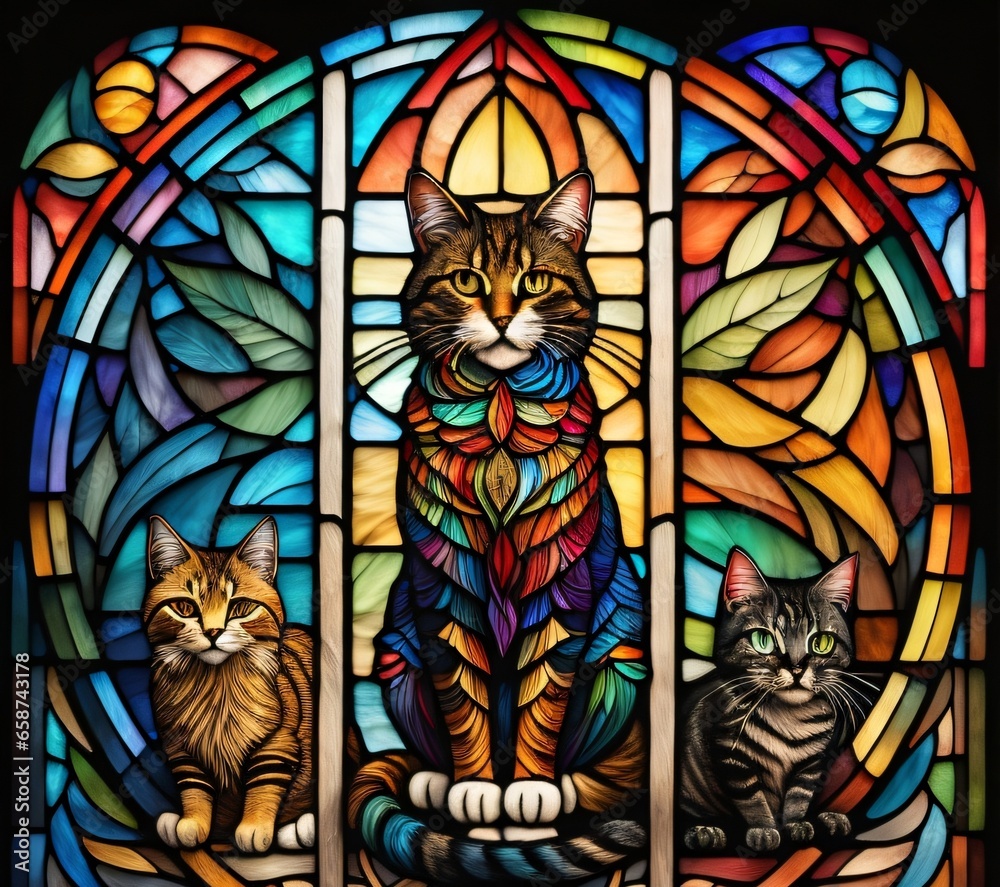 stained glass window with cats. generative ai
